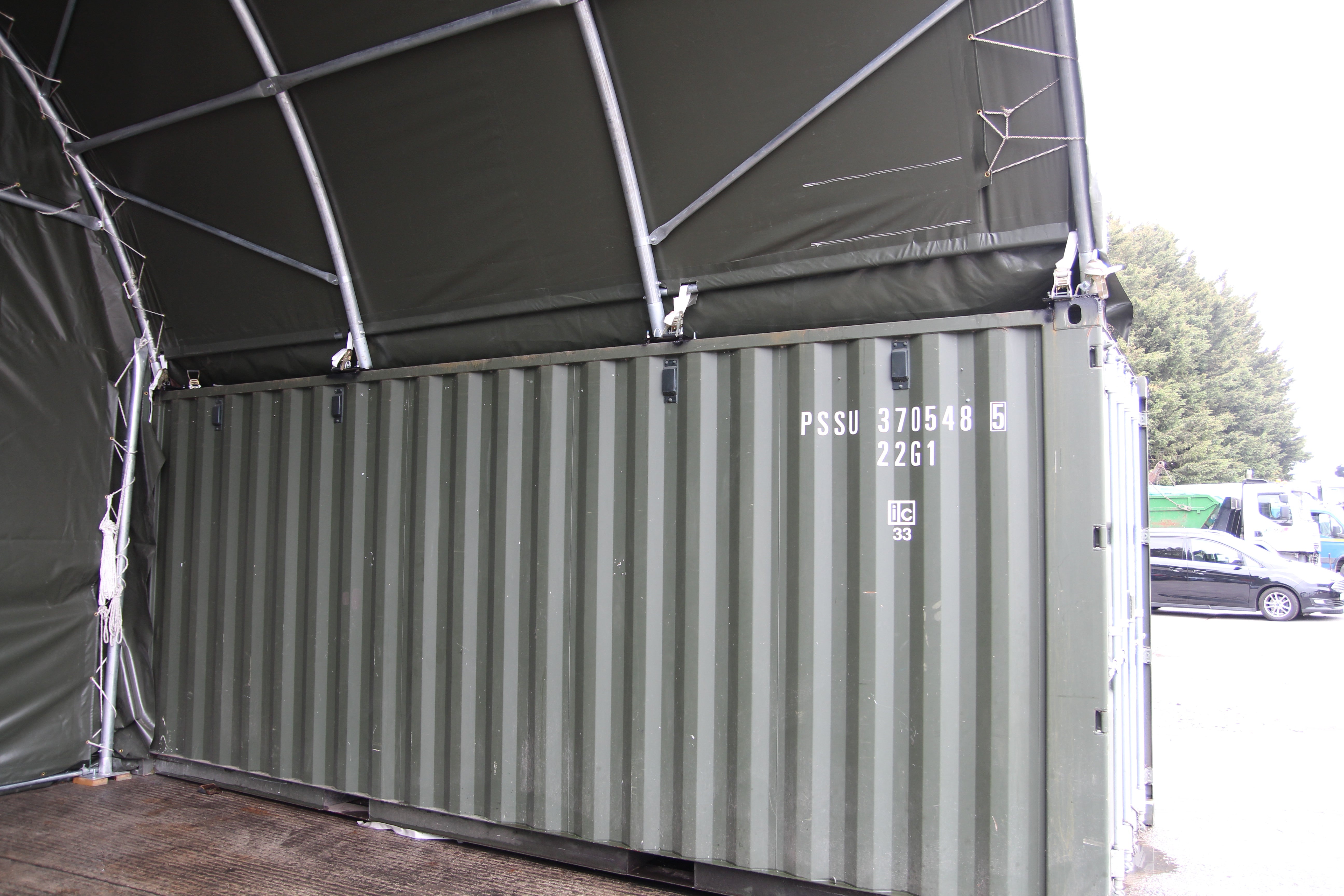 6mx6m Container Canopy - Single Truss Container canopy -Closed back panel - Green